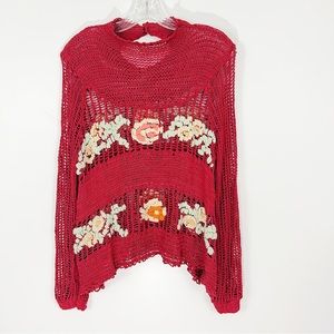 Free People Rare Red Crochet Long Sleeve Top